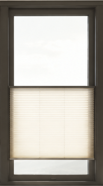 A window with a closed beige window blind covering the bottom half.