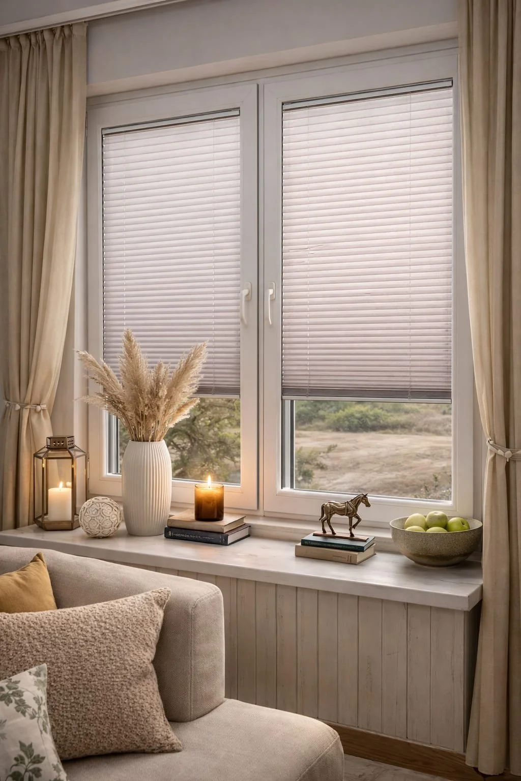 A cozy interior window sill decorated with candles, a vase of pampas grass, books, a decorative horse figurine, and a bowl of green apples, with closed blinds and beige curtains.