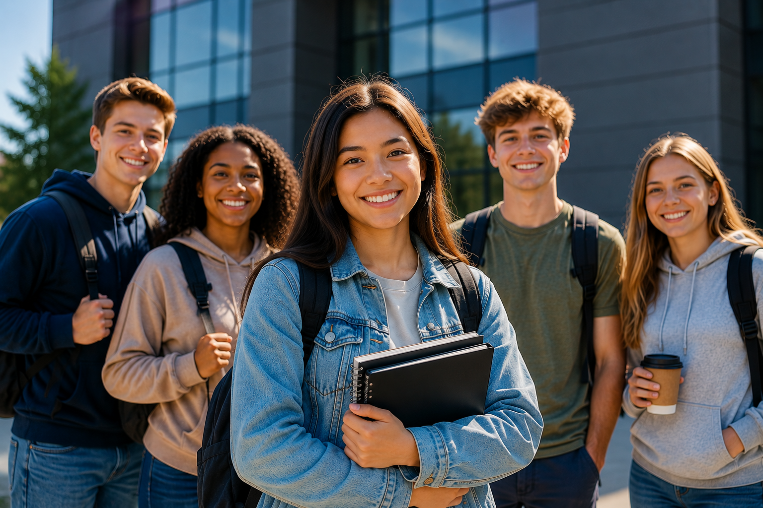 Group of five diverse students standing outdoors with campus building in background, smiling, holding books and coffee cups, dressed casually.