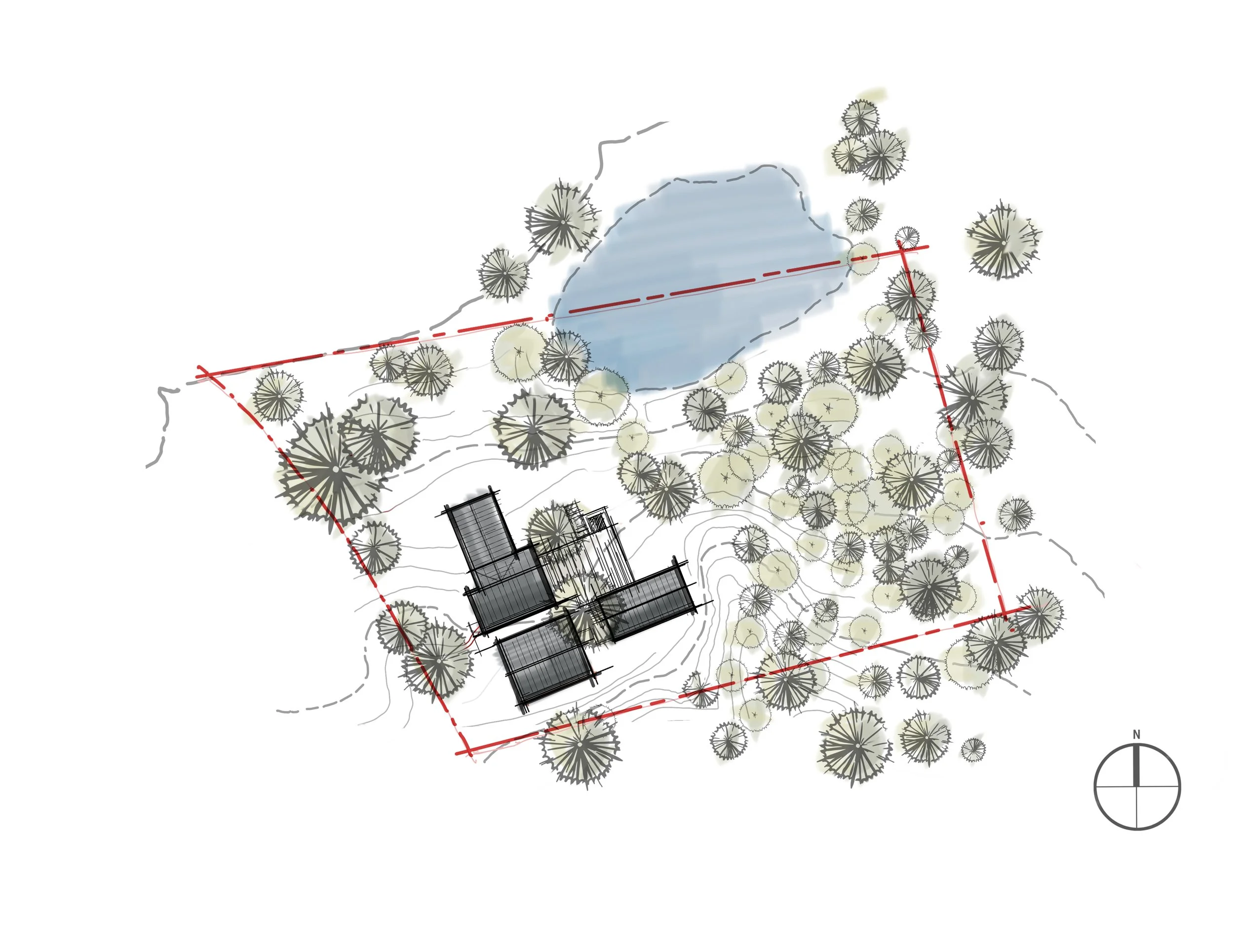 Landscape architectural plan showing a pond surrounded by numerous trees, dotted lines indicating slopes, and a building structure at the bottom center. Red lines mark property boundaries, and a north arrow is in the lower right corner.