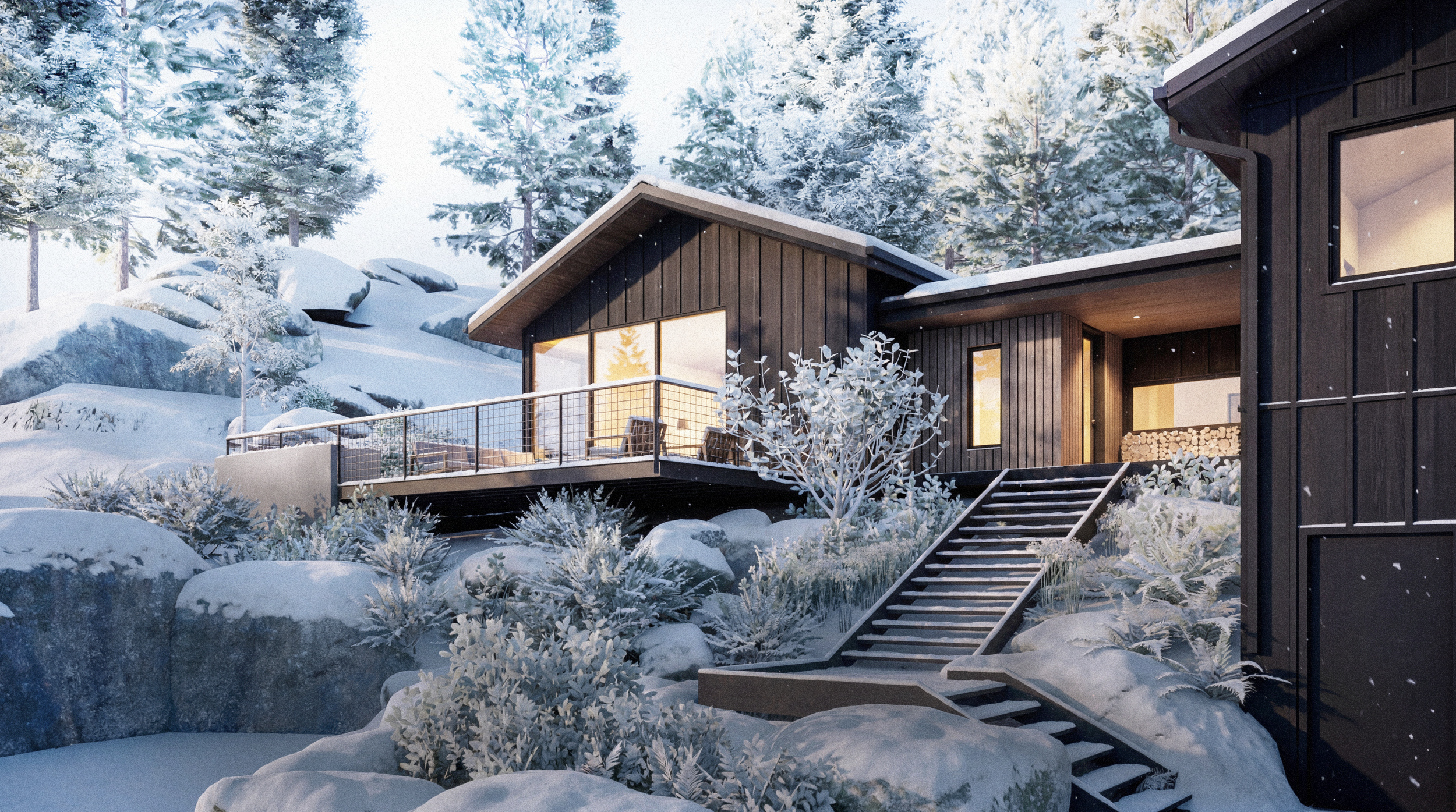 A modern black wooden house with large windows, situated on a snow-covered landscape with trees and rocks, illuminated from inside.