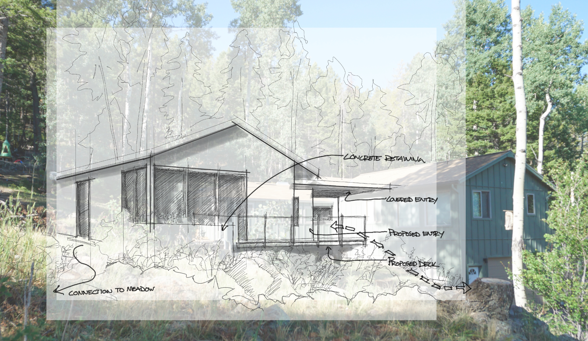 Architectural blueprint overlay of a house design on a background of trees and existing houses.