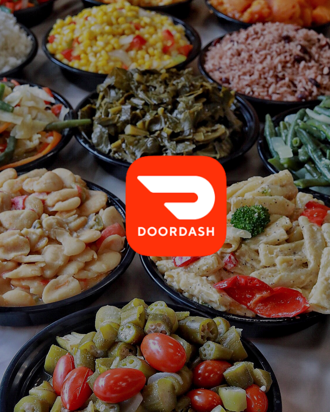 Various dishes of Mexican food including corn, rice, beans, pasta salad, vegetables, and pickled vegetables, with a DoorDash logo overlay.