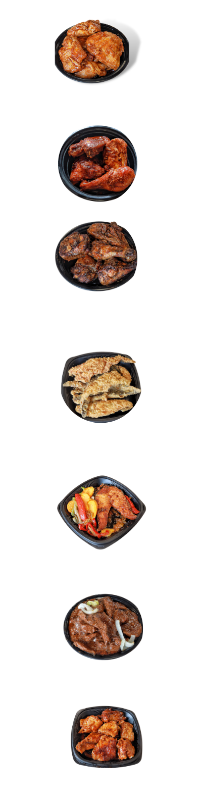 Six black bowls of different types of fried chicken and chicken dishes, arranged vertically.