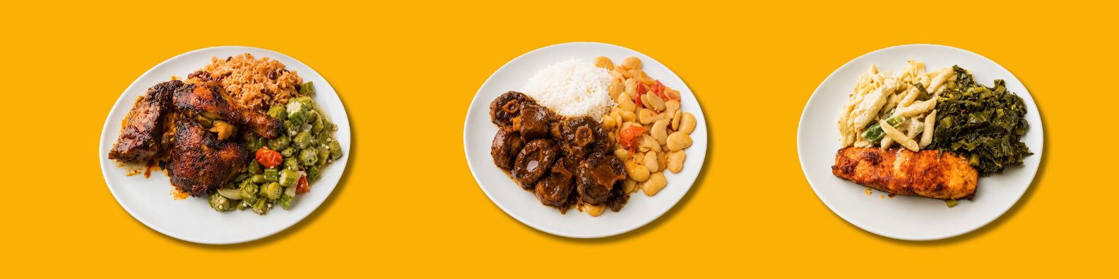Three plates of food on a yellow background, from left to right: rice, beans, greens, and chicken, then rice, beans, and beef stew, and finally greens, pasta, and fish fillet.