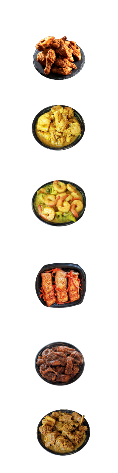 Six bowls of different Asian dishes, including fried chicken, chicken curry, shrimp and avocado salad, spring rolls, beef stew, and pork with potatoes.
