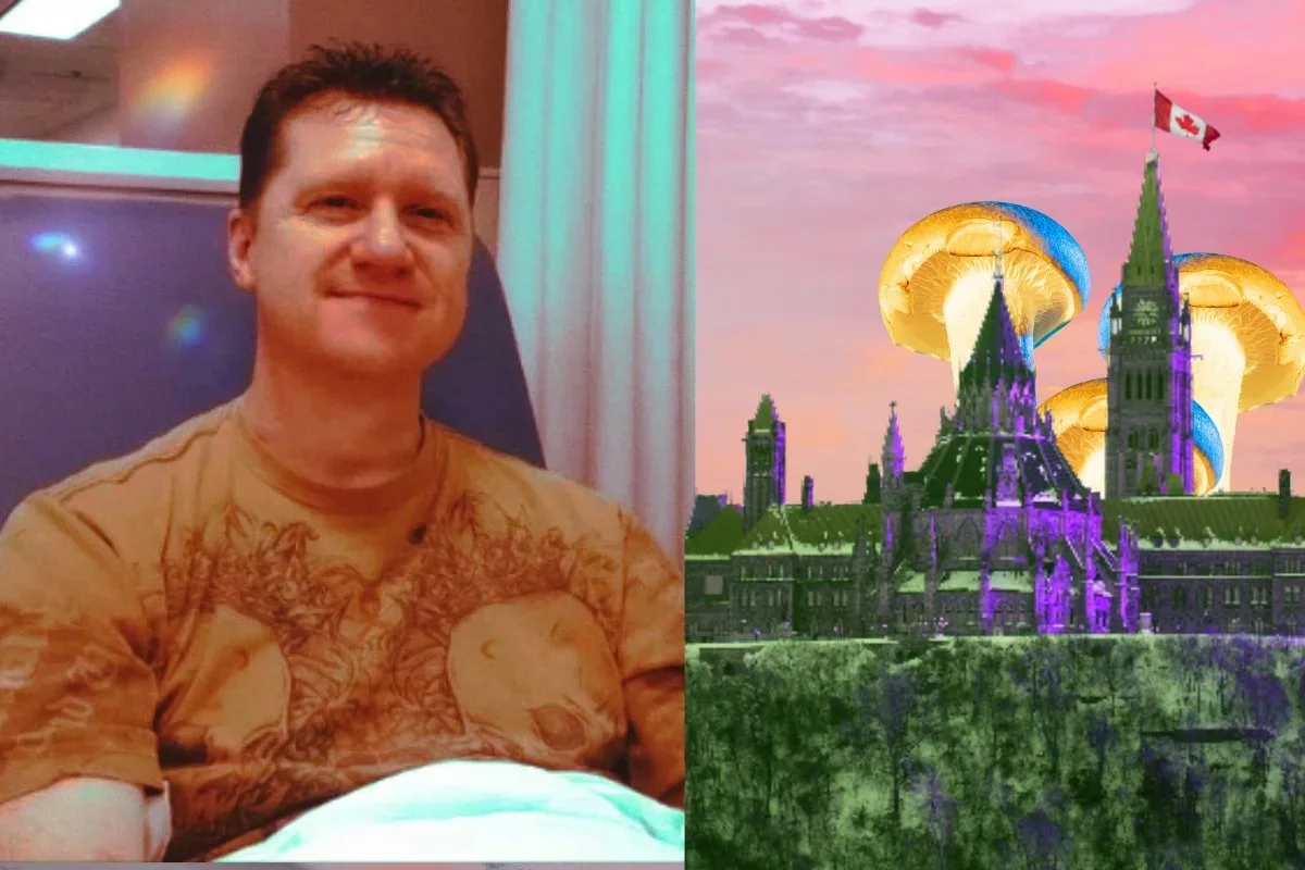 A man smiling in an indoor setting next to a digitally manipulated castle with large mushroom-like structures and a Canadian flag in the background.
