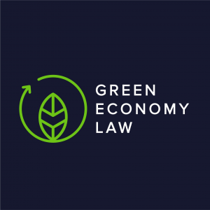 Green Economy Law logo with a leaf inside a circular arrow on a dark background.