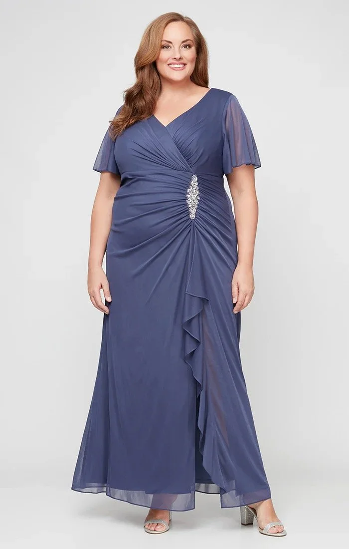 Surplice Neckline Dress with Cascade Skirt