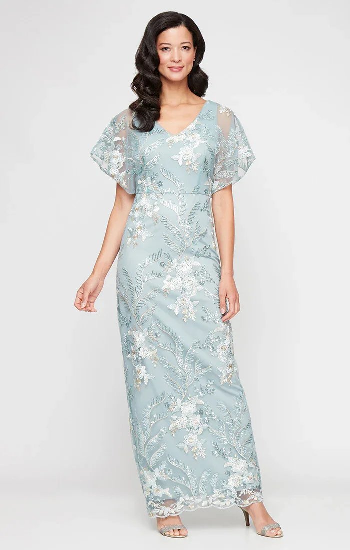 V-Neck Embroidered Dress with Kimono Sleeve