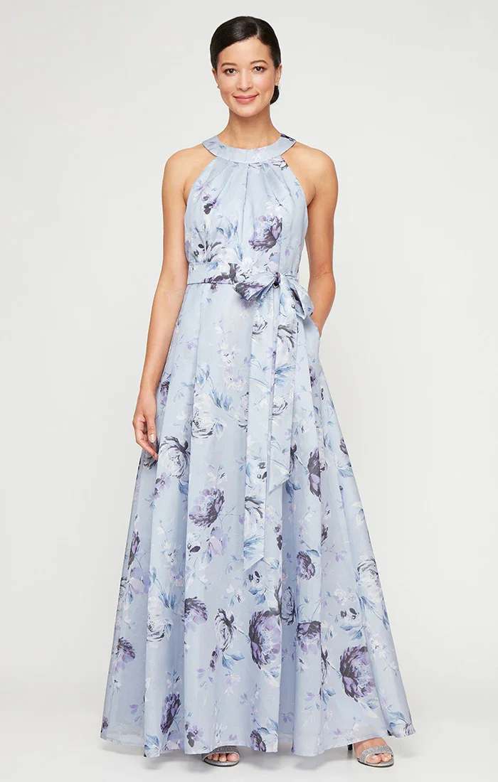 Printed Shimmer Organza Dress with Halter Neckline
