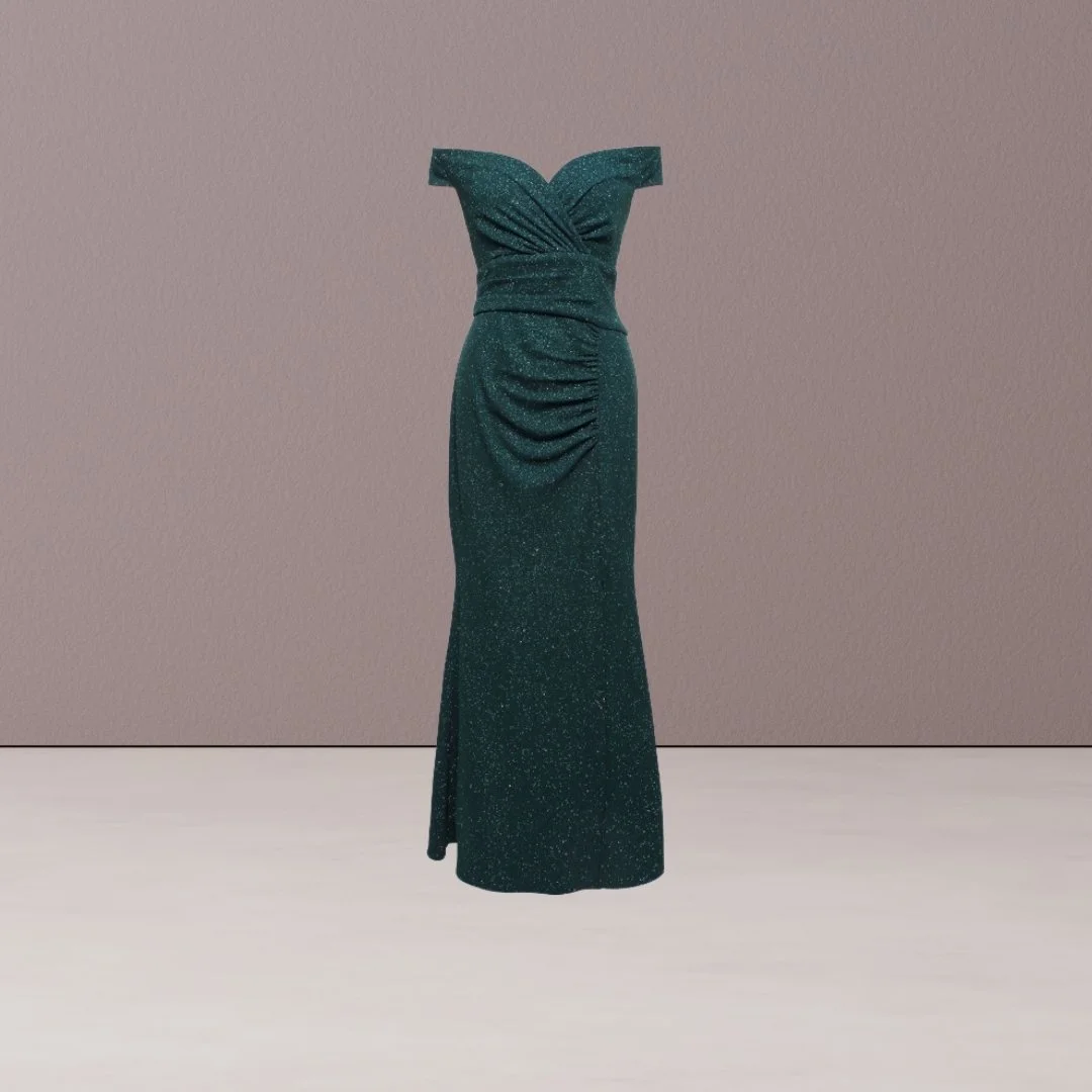 Emerald Off-the-Shoulder Shimmer Gown