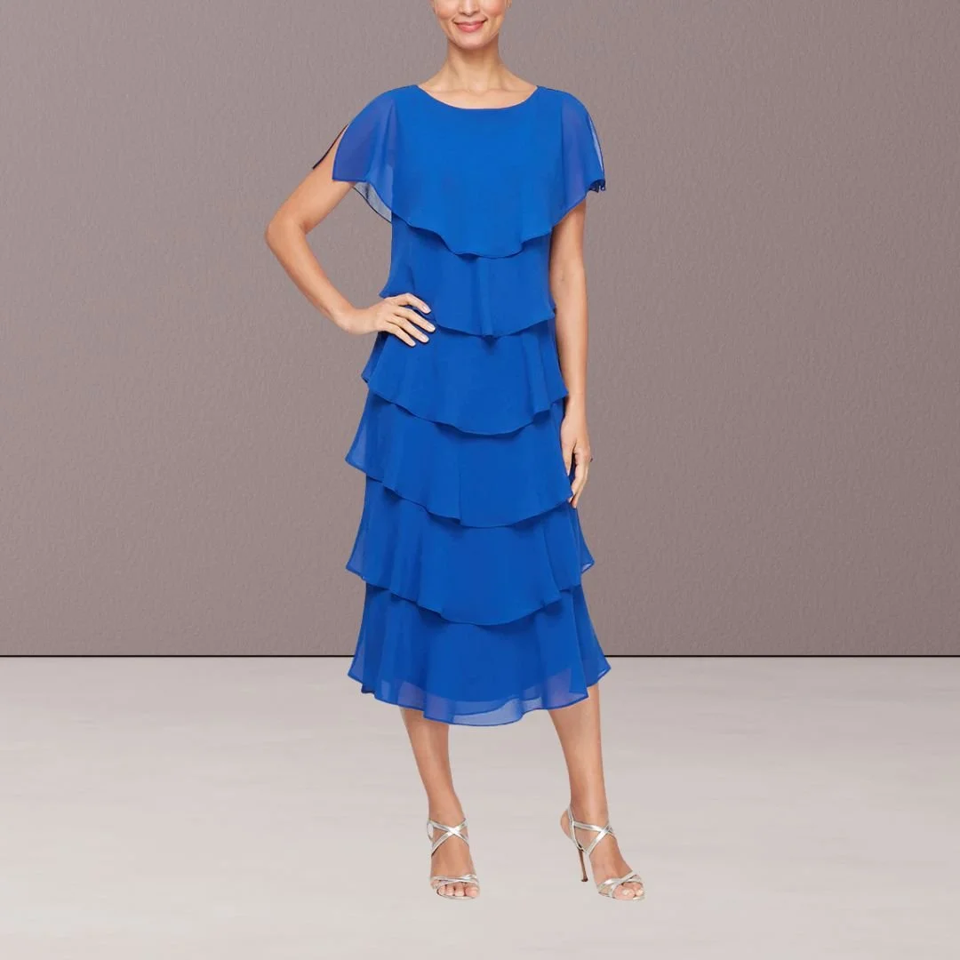 Chiffon Tea-Length Dress with Caplet Sleeves