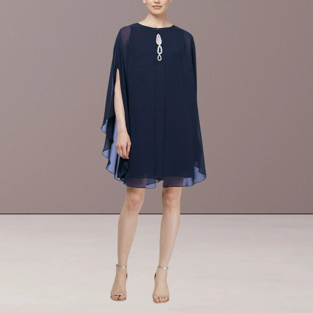 Chiffon Cocktail Dress with Beaded Neck and Removable Capelet