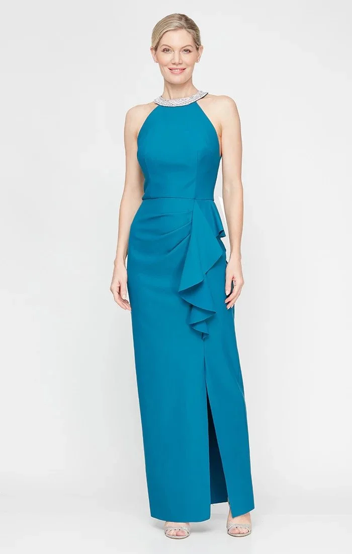 Embellished Halter Neck Dress with Cascade Skirt