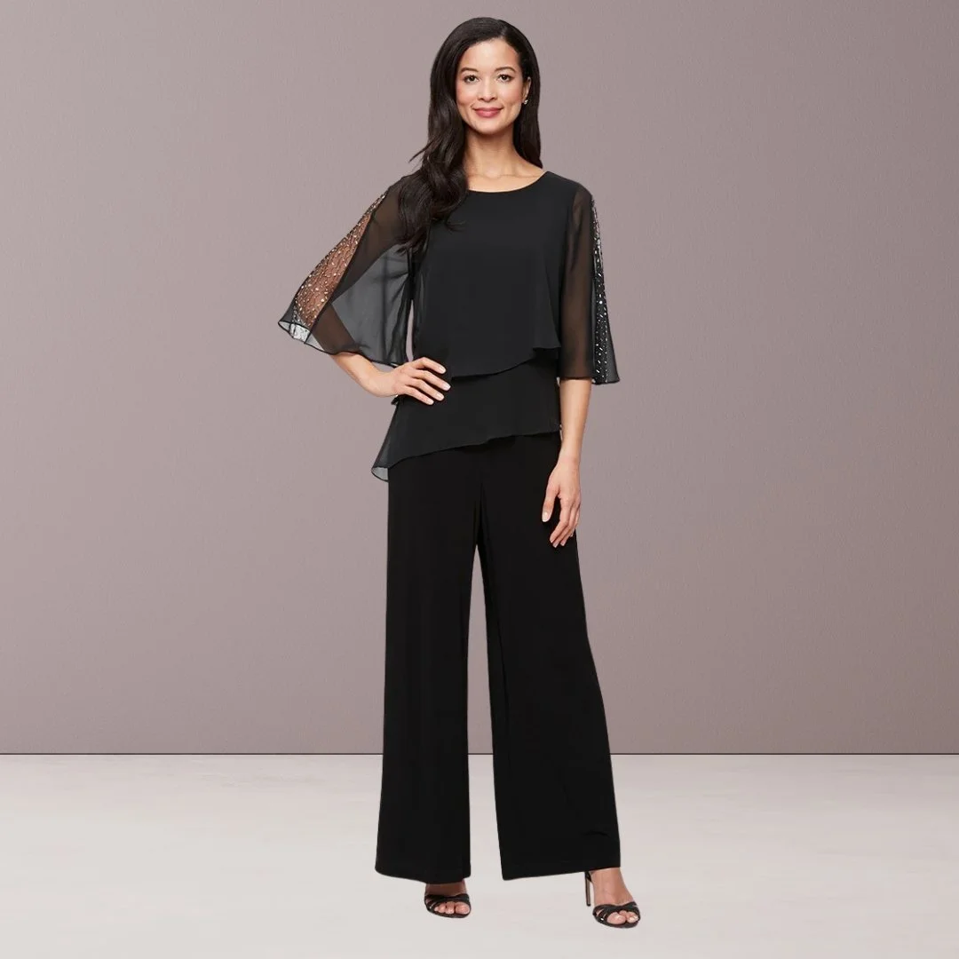 Jumpsuit with Chiffon Overlay Bodice and Embellished Sleeves
