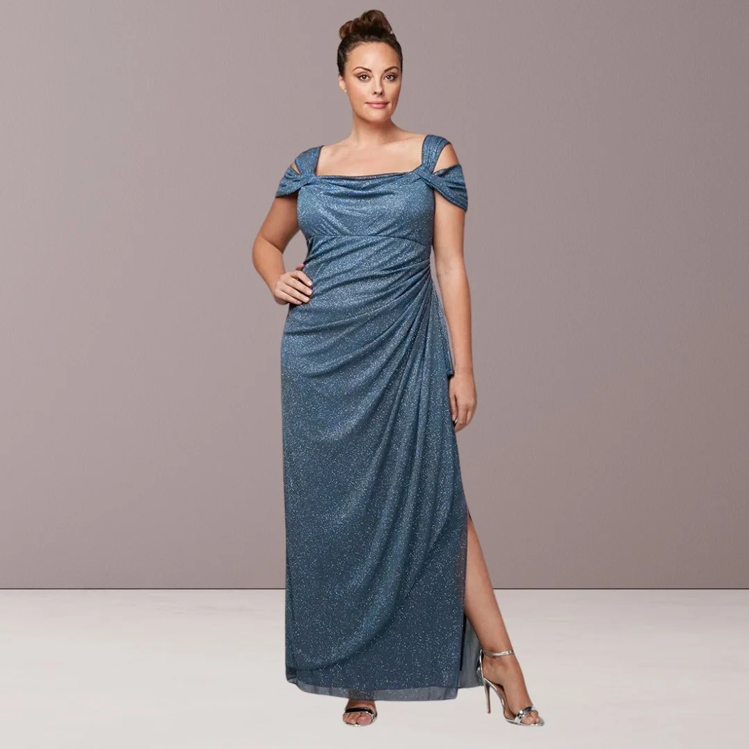 Plus Size Cold Shoulder Glitter Dress with Draped Skirt & Cowl Neckline