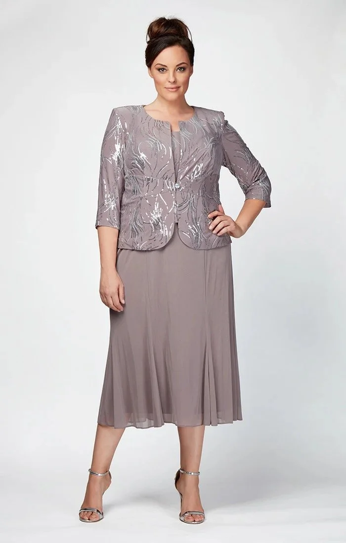 Plus Size Tea-Length Sequin Dress with Jacket