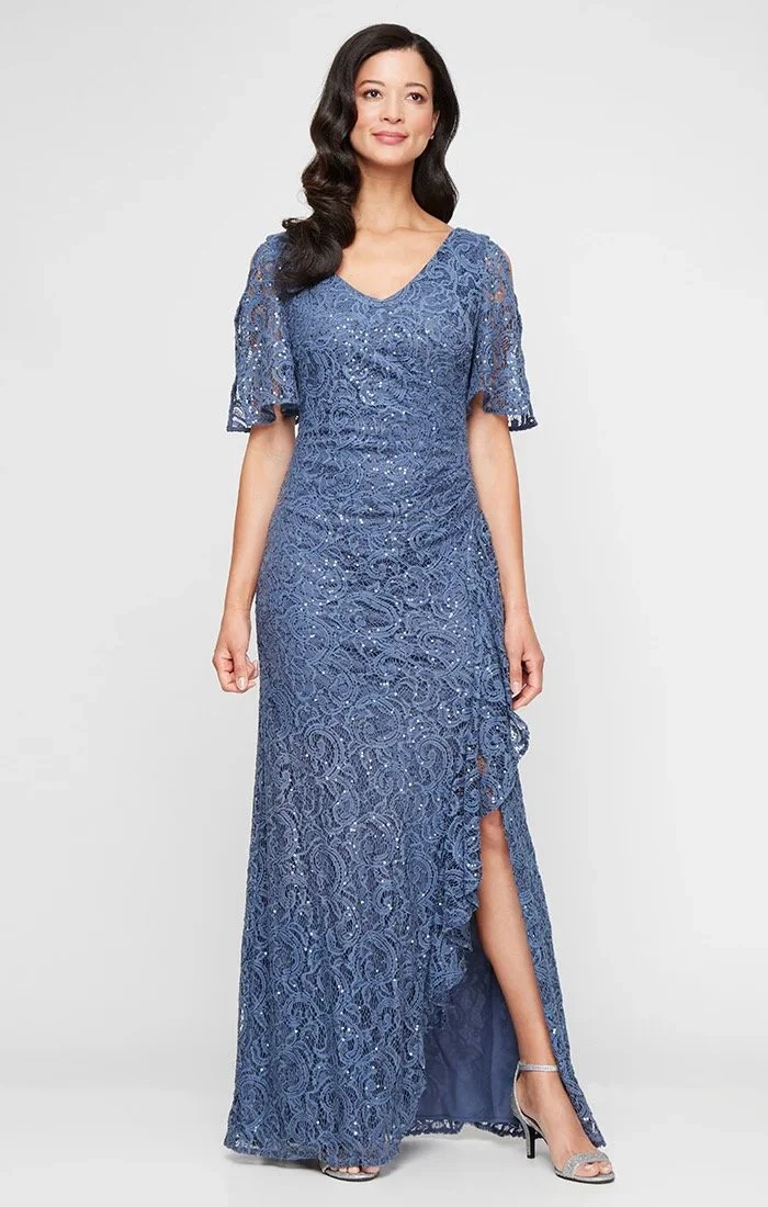 Plus Size V-Neck Stretch Sequin Lace with Cold Shoulder Sleeves & Cascade Detail Skirt