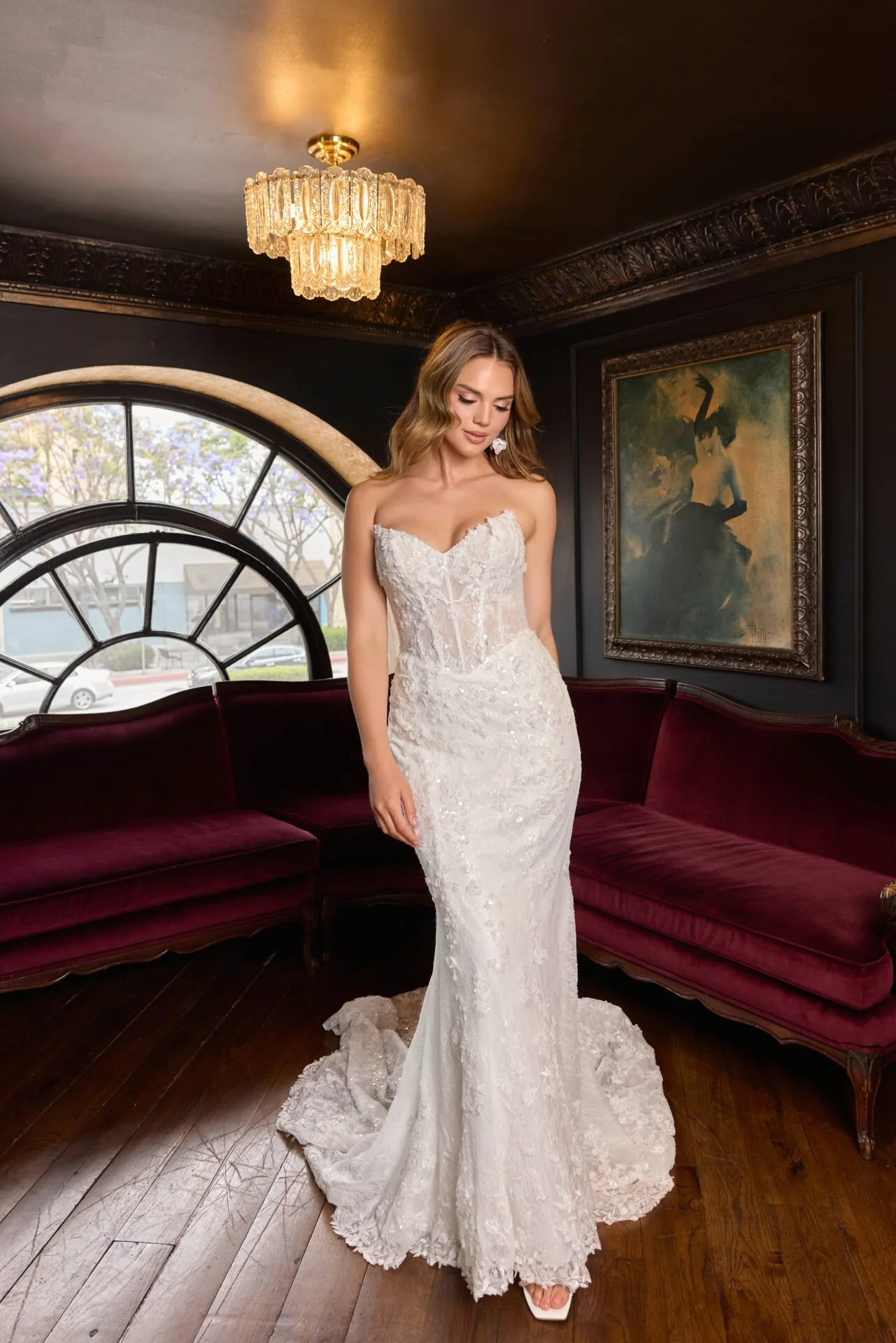 BEADED LACE FIT-AND-FLARE WEDDING DRESS