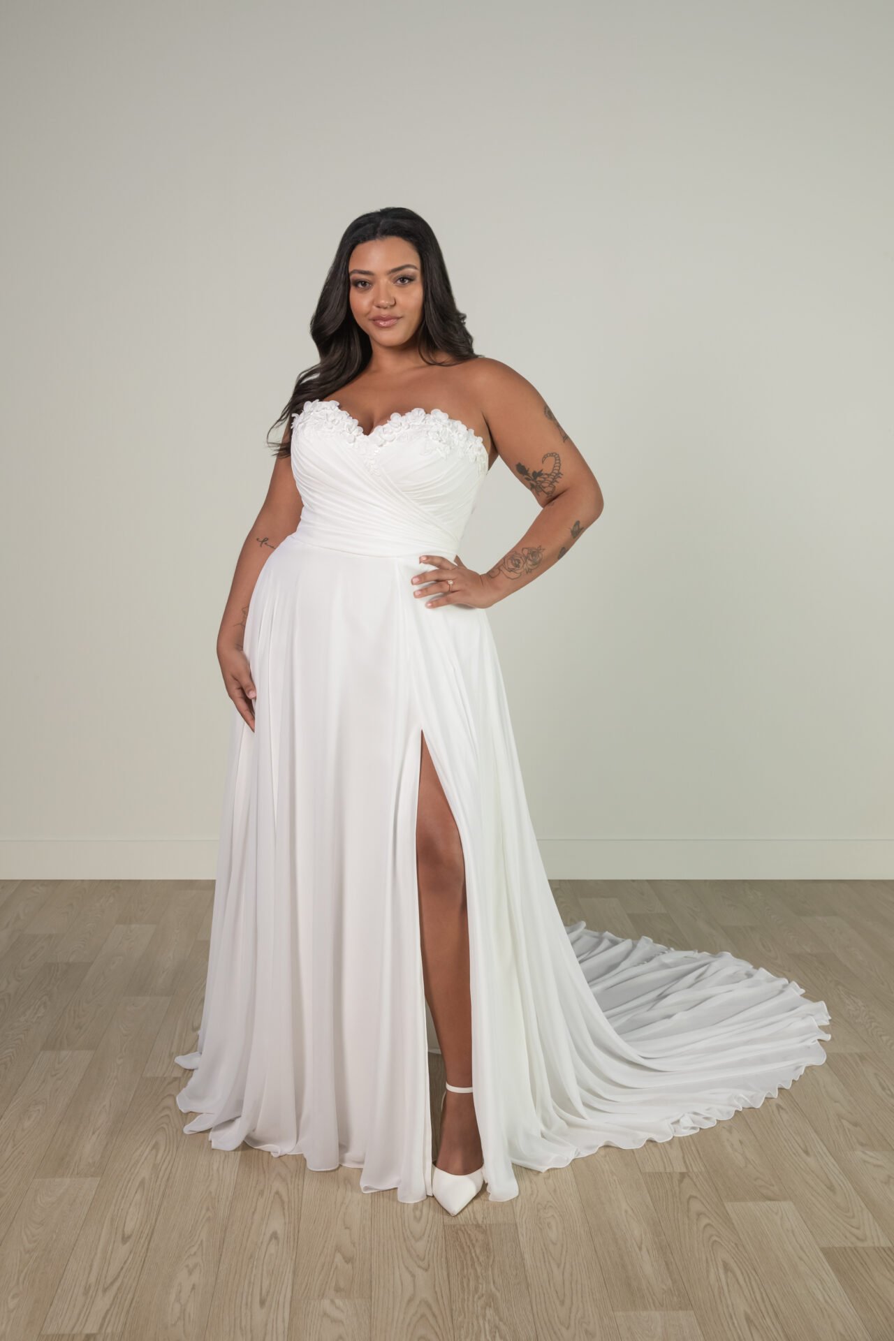 A-LINE PLUS SIZE WEDDING DRESS WITH 3D FLORAL NECKLINE