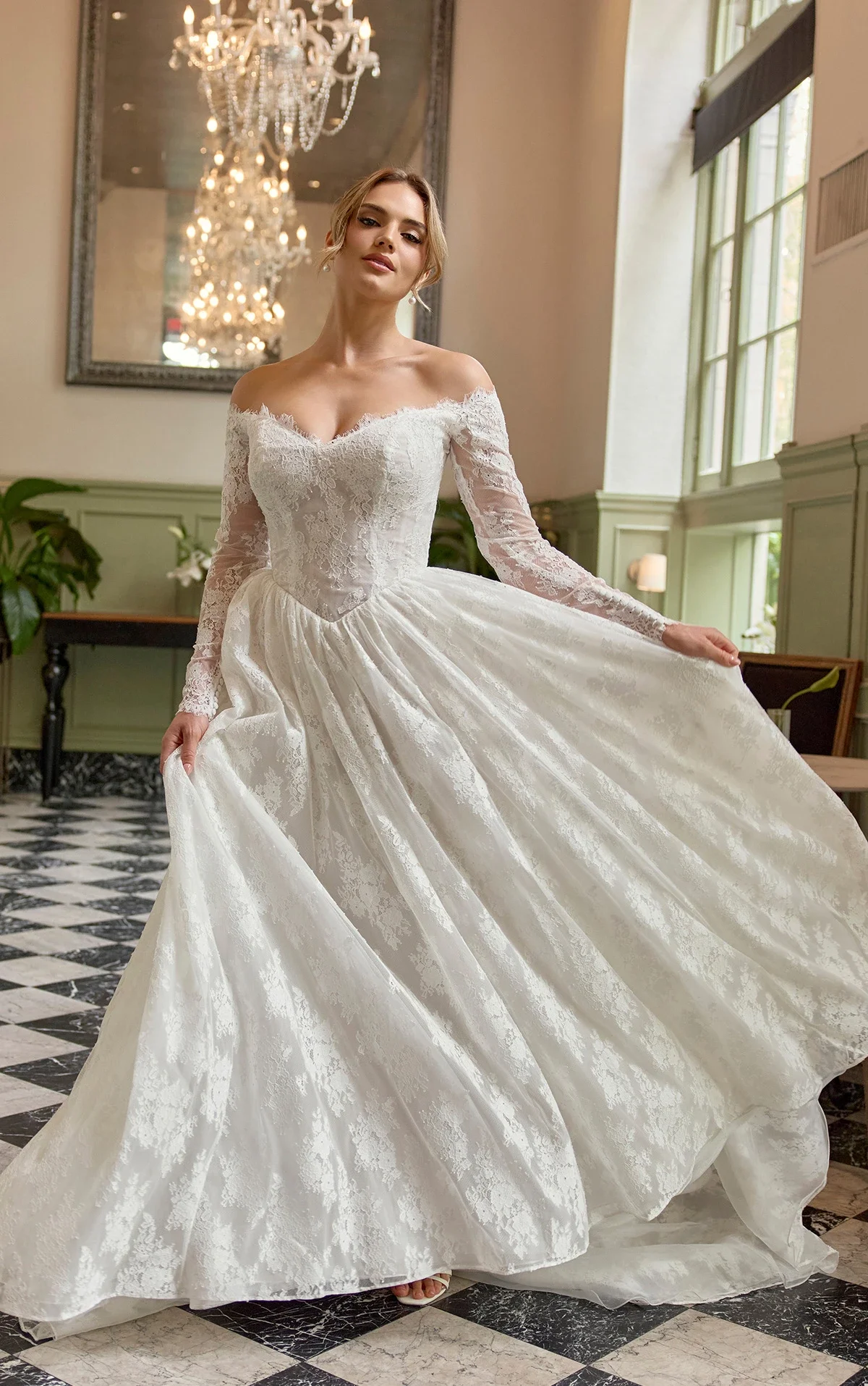 OFF-THE-SHOULDER LACE A-LINE GOWN