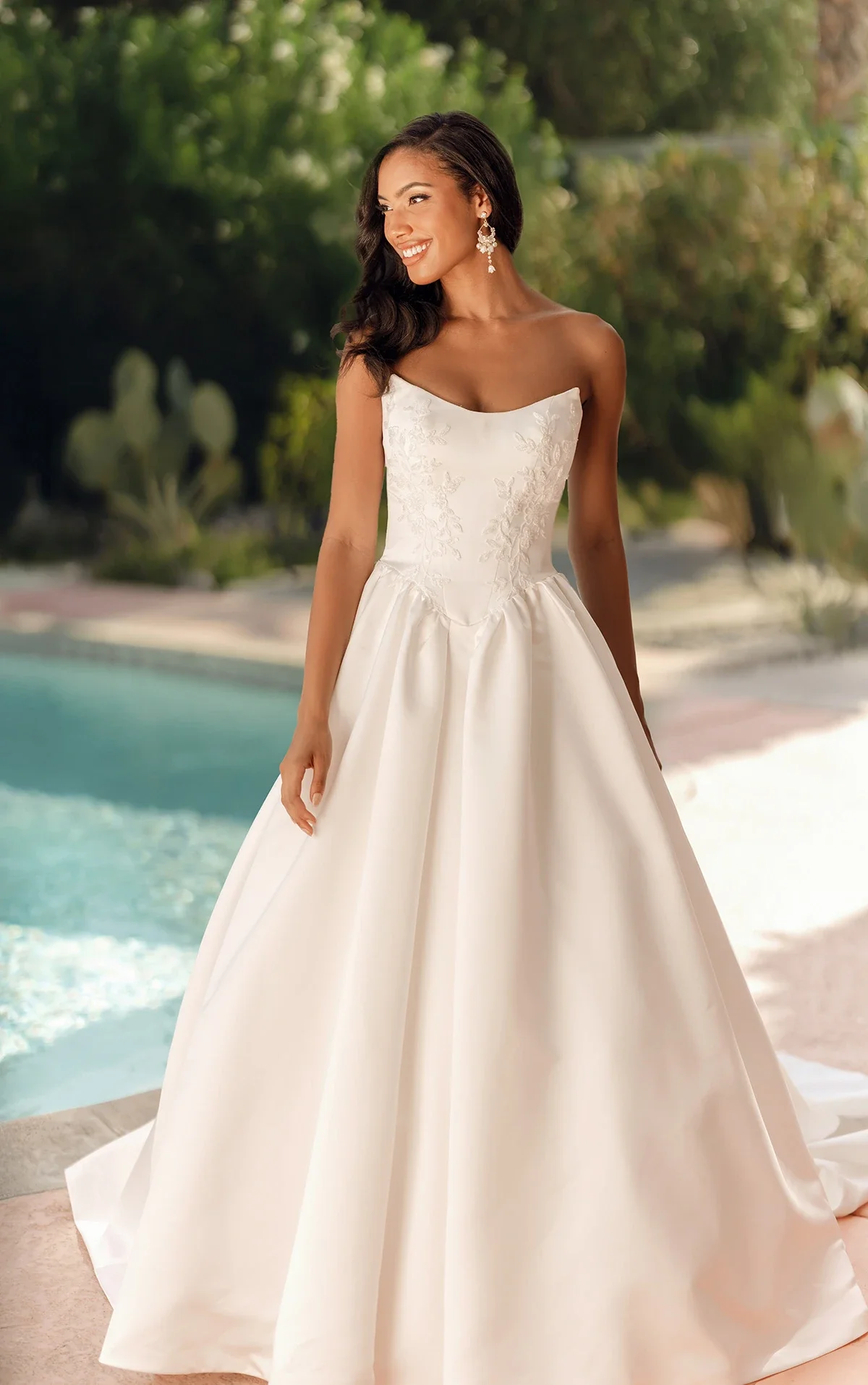 Stella York SY8239 wedding dress Bare-Shouldered Grand Satin Voluminous Wedding Dress with Cat-Eye Cut and Sculpted Pleats Strapless