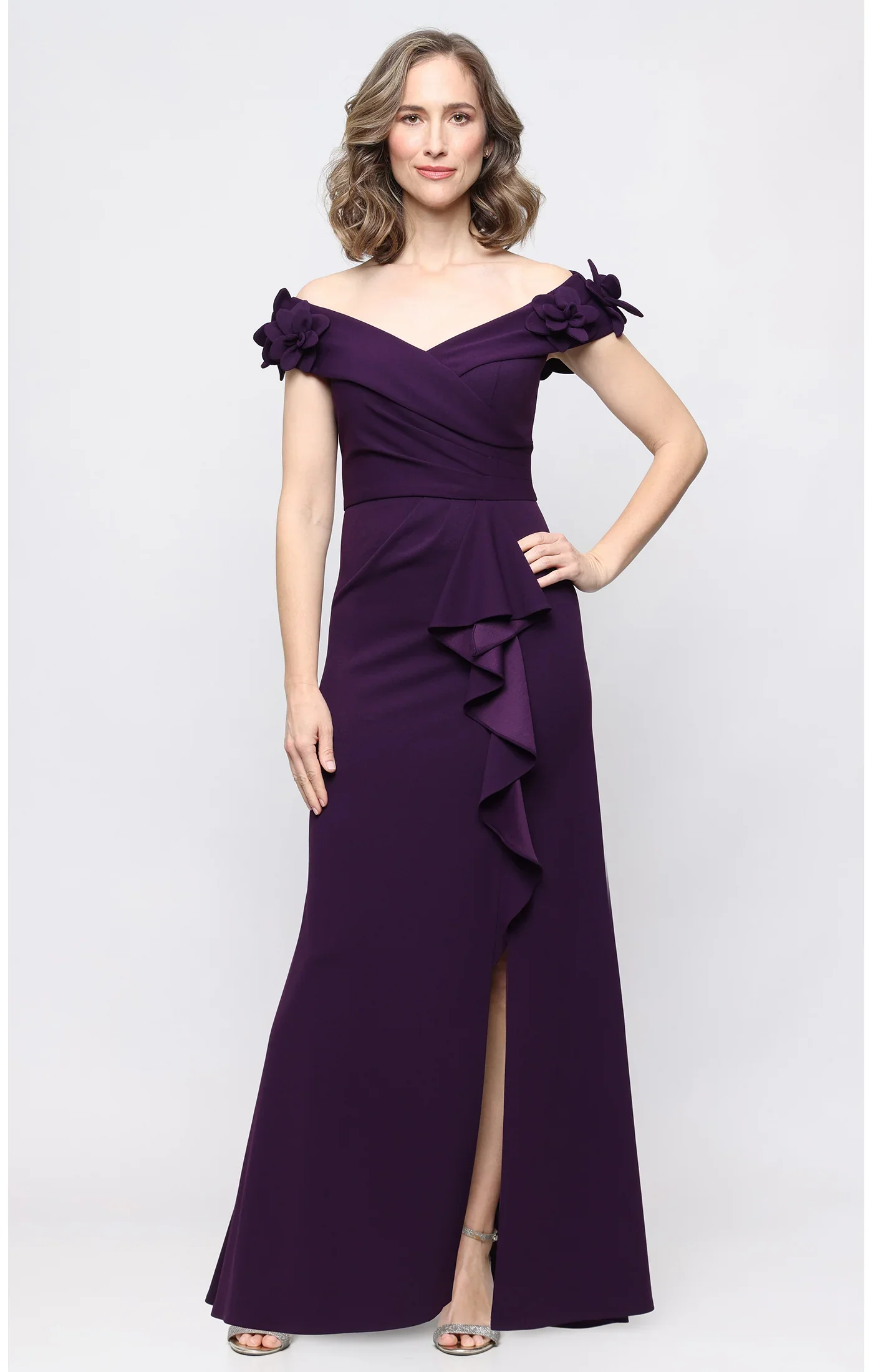 OFF THE SHOULDER DRESS WITH 3-D FLOWER