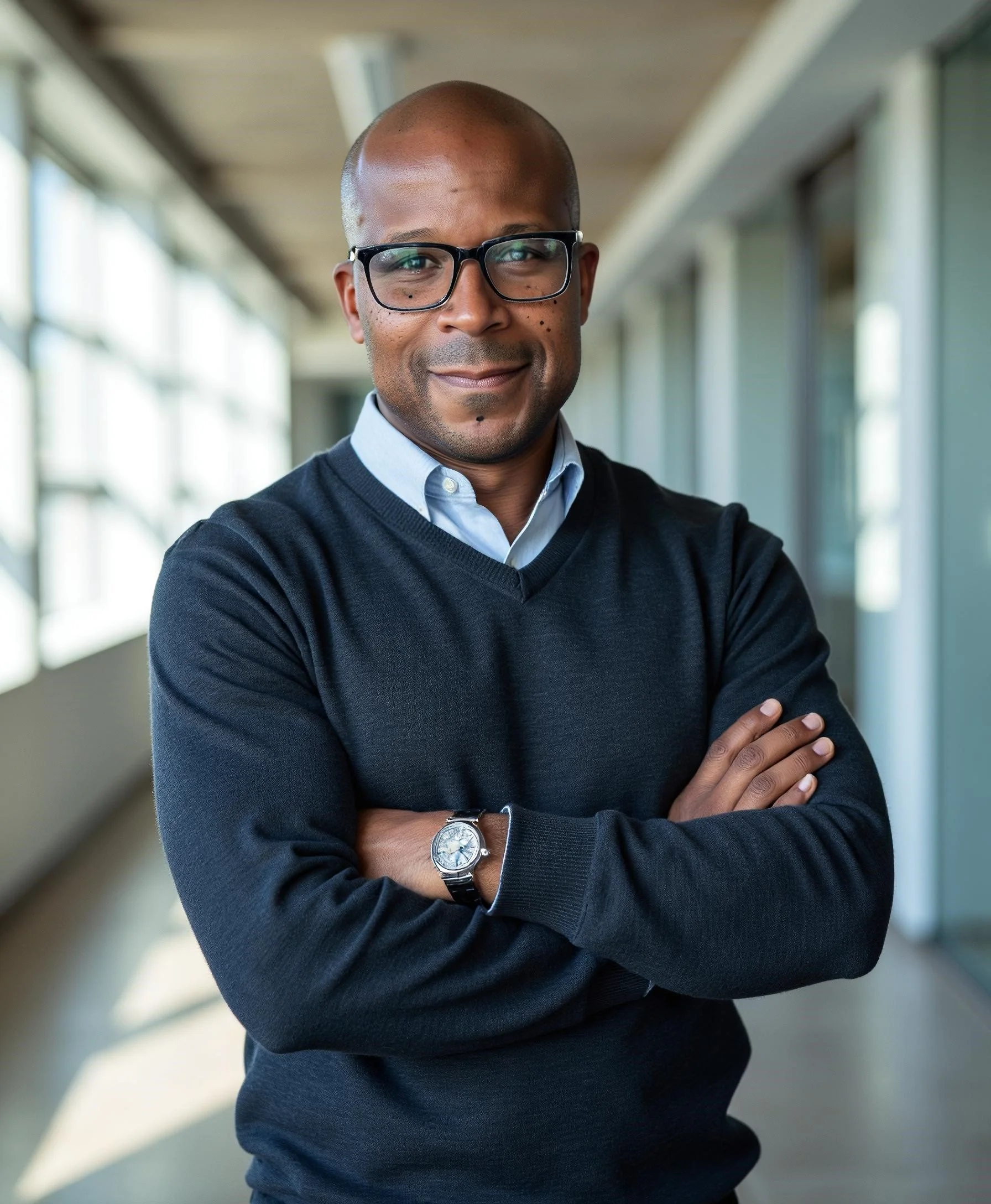 Portrait of a confident African American man with glasses, wearing a dark sweater and a watch, standing with crossed arms in a modern indoor space with large window panels.