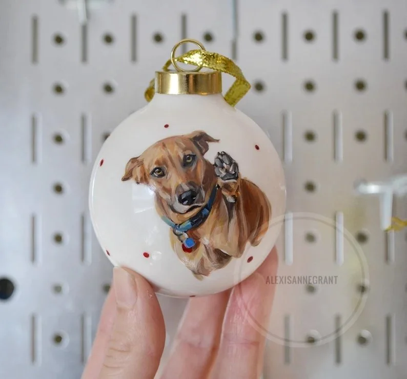 dog portrait ornament hand painted ceramic ornament with gold cap