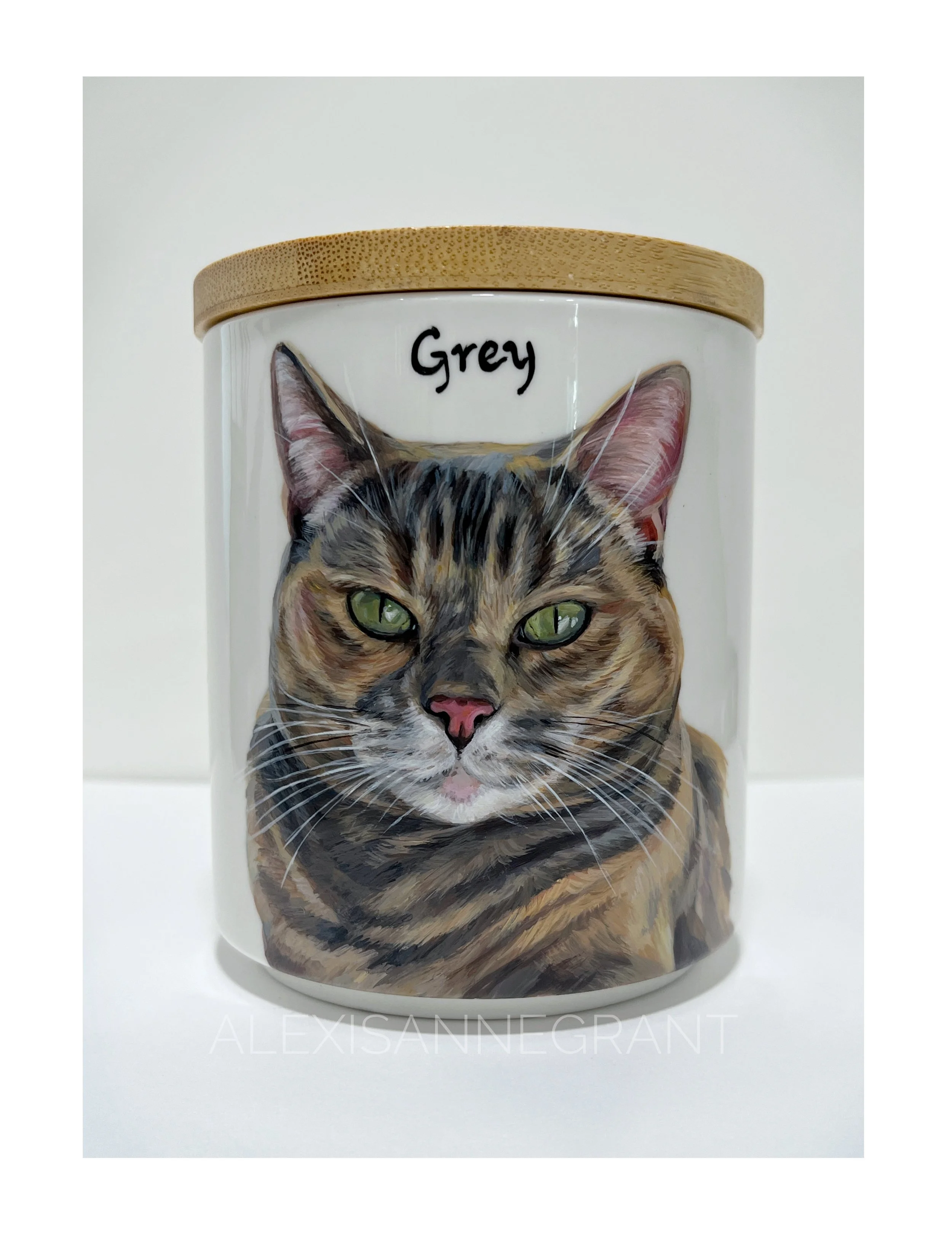 hand painted tabby cat portrait urn ceramic pet portrait urn with wood lid by Alexis Anne grant