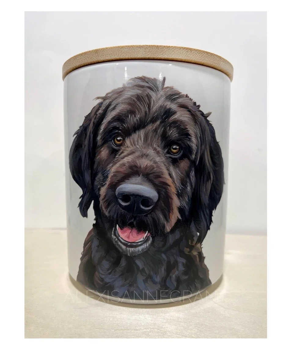 brown golden doodle portrait urn dog painting on pet portrait urn ceramic jar with wood lid customized from photos dog is smiling at the camera buttery brushstokes captor his curled dark brown coat