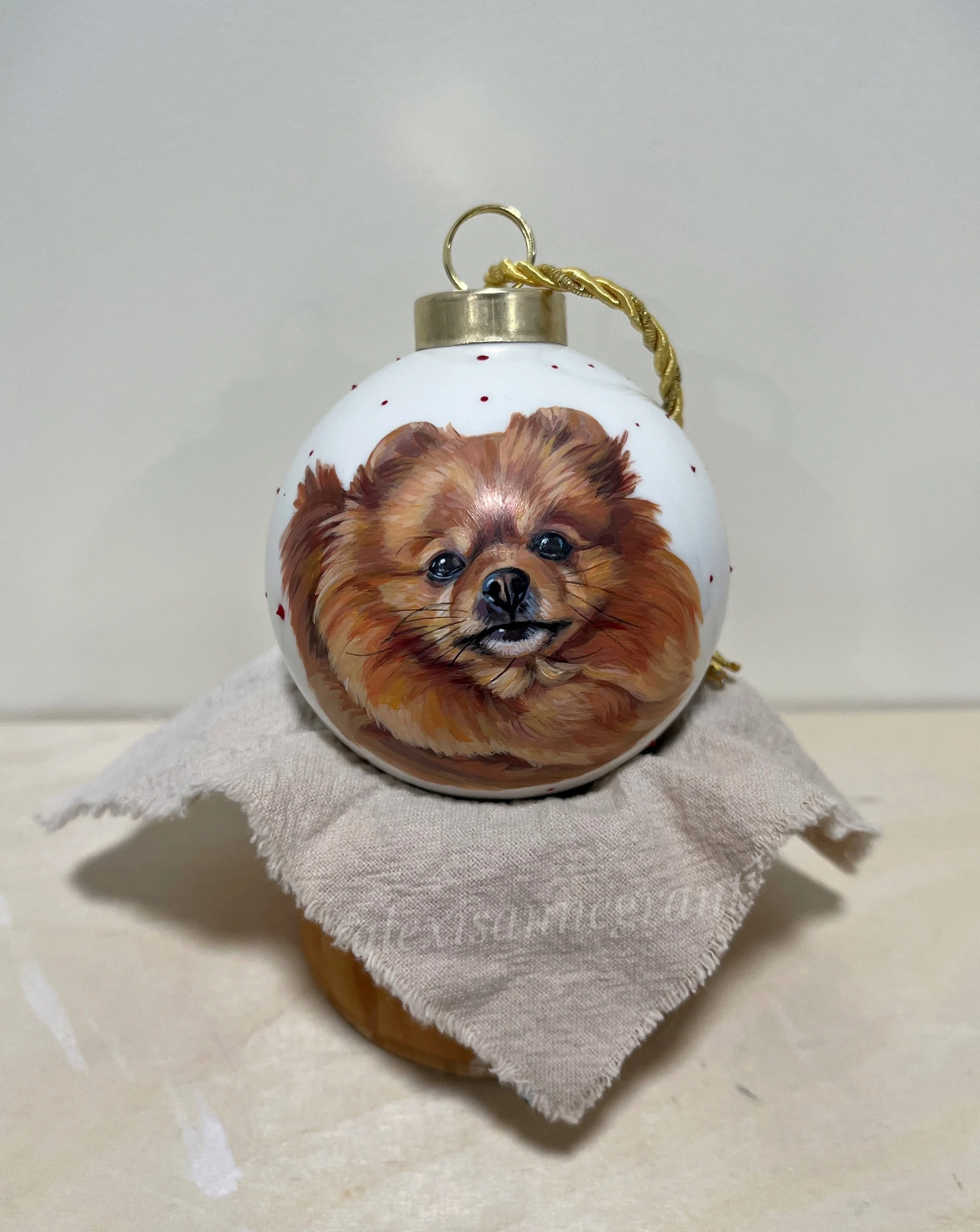 custom dog portrait ornament hand painted from photo ceramic ornament with gold cap orange long haired chihuahua portrait on ornament