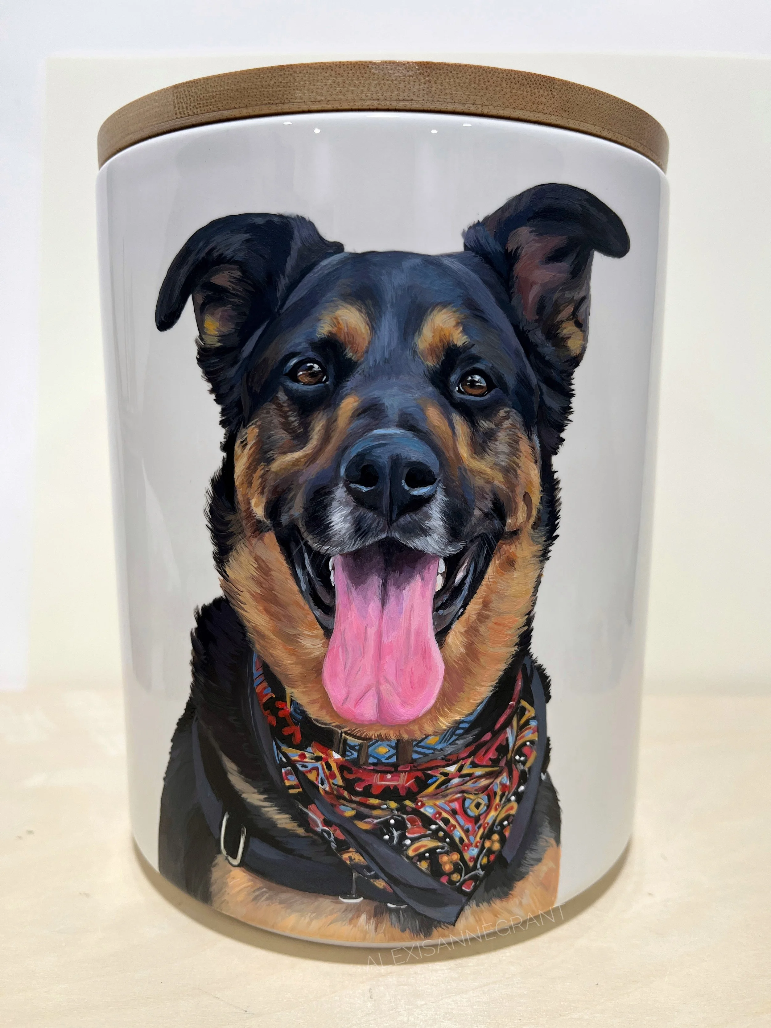 German Shepard dog portrait urn large dogs custom painted from photo German Shepard is smiling in his bandana