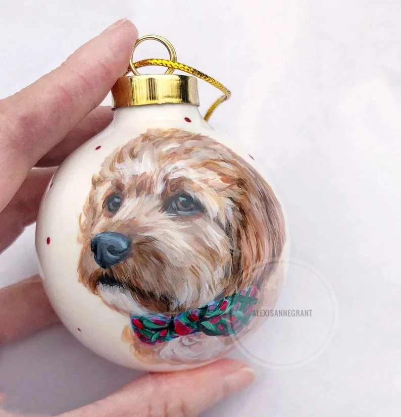 hand painted pet portrait ornament dog portrait on ceramic bauble with gold cap Christmas gifts one of a kind gift by Alexis Anne grant