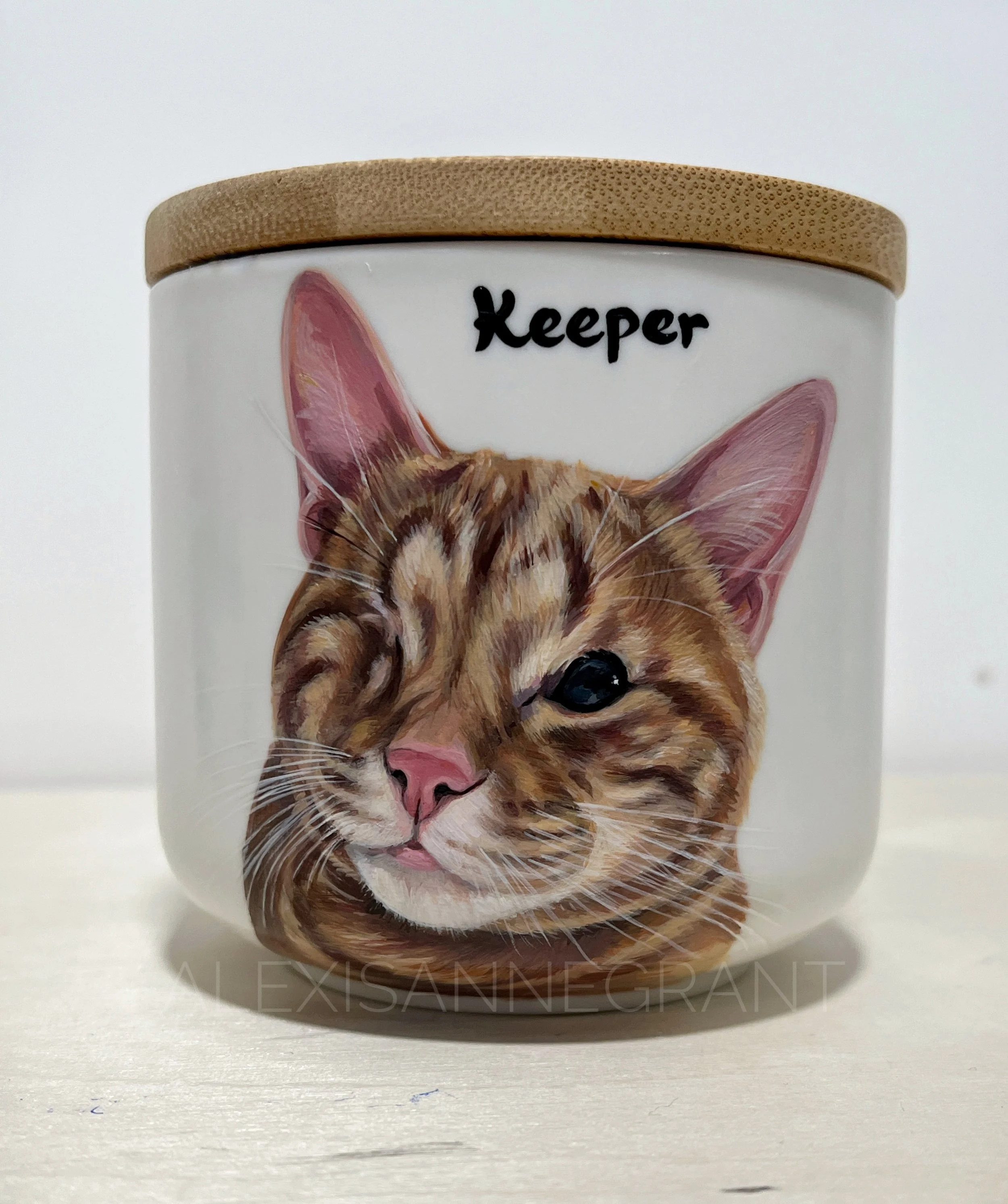 one eyed cat named keeper and painted on his urn by Alexis Anne grant orange tabby custom pet portrait urn from photo white ceramic jar with wood lid