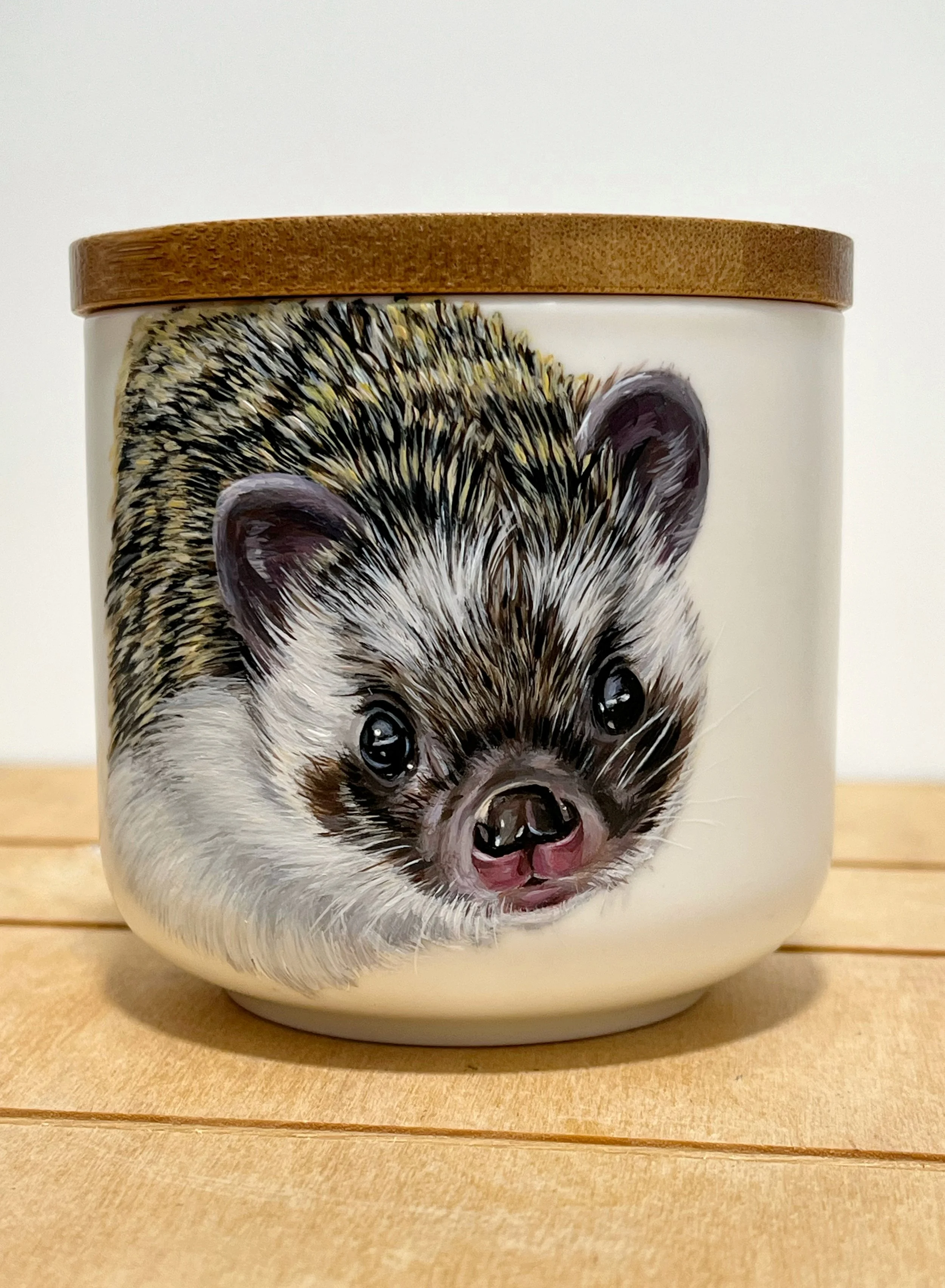small animal portrait urn hedgehog hand painted from photo on white ceramic jar with wood lid