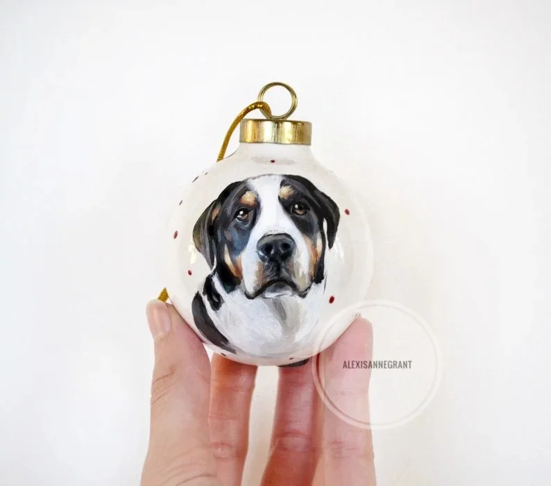 classic custom pet portrait ornament dog portrait on ceramic bauble with gold cap painted from photo dog portrait by Alexis Anne grant Christmas gift for dog lover