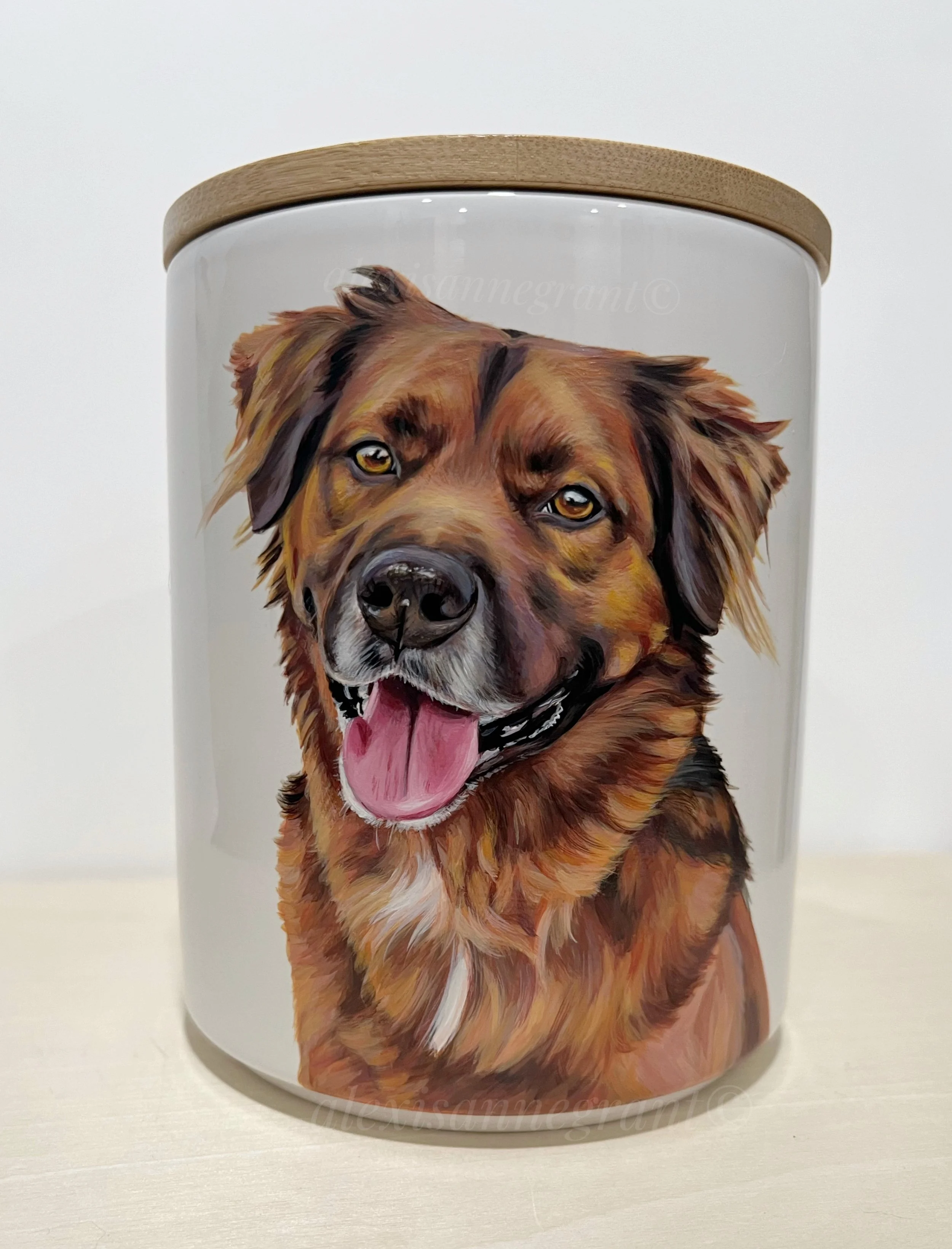 hand painted orange and brown mutt portrait dog urn hand painted from photos by Alexis Anne grant