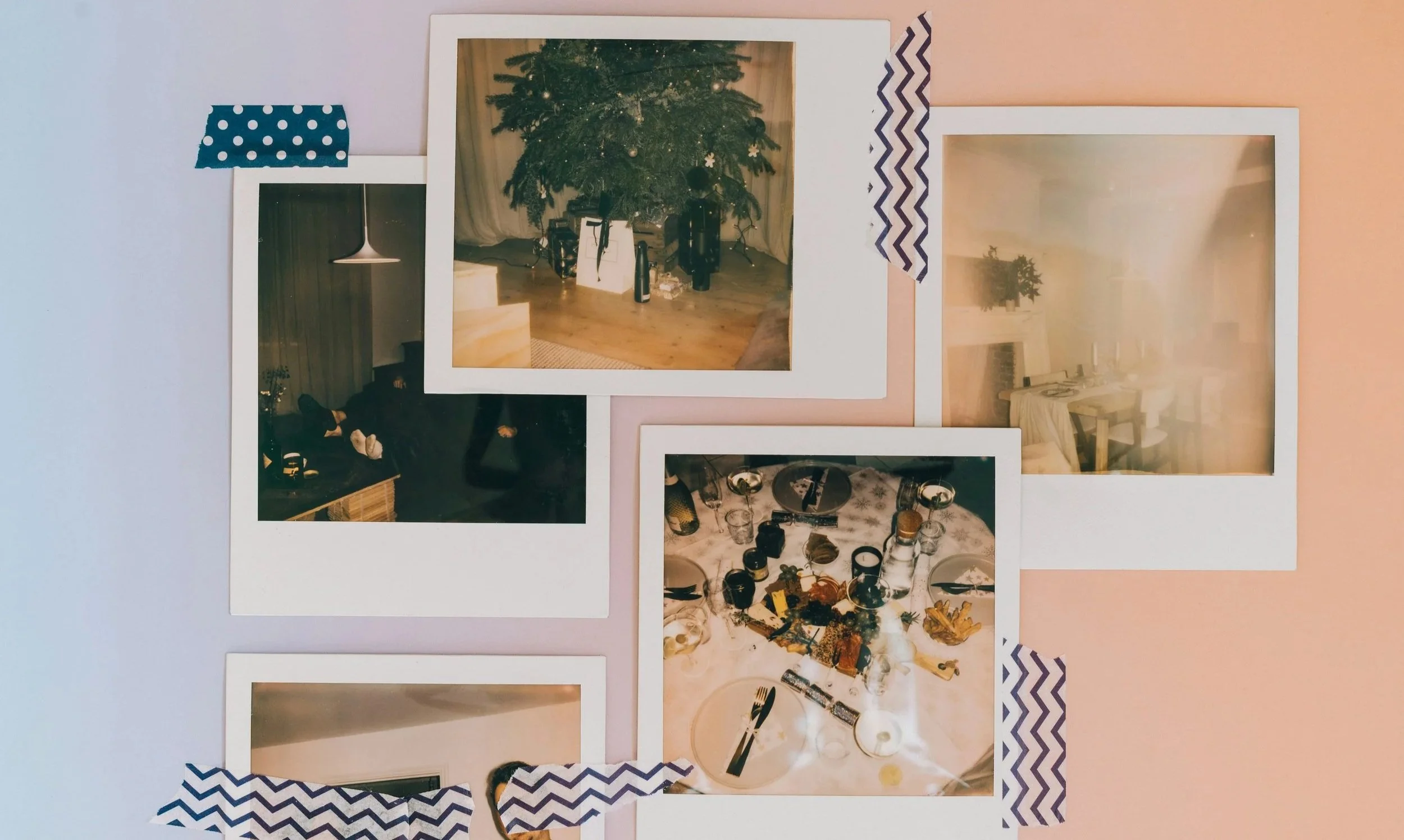 A collage of five photographs, bordered with blue and white chevron washi tape, attached to a pink wall. The photos include a decorated Christmas tree, a room with a table set for a meal, a table with various items, and a person lying on a couch.