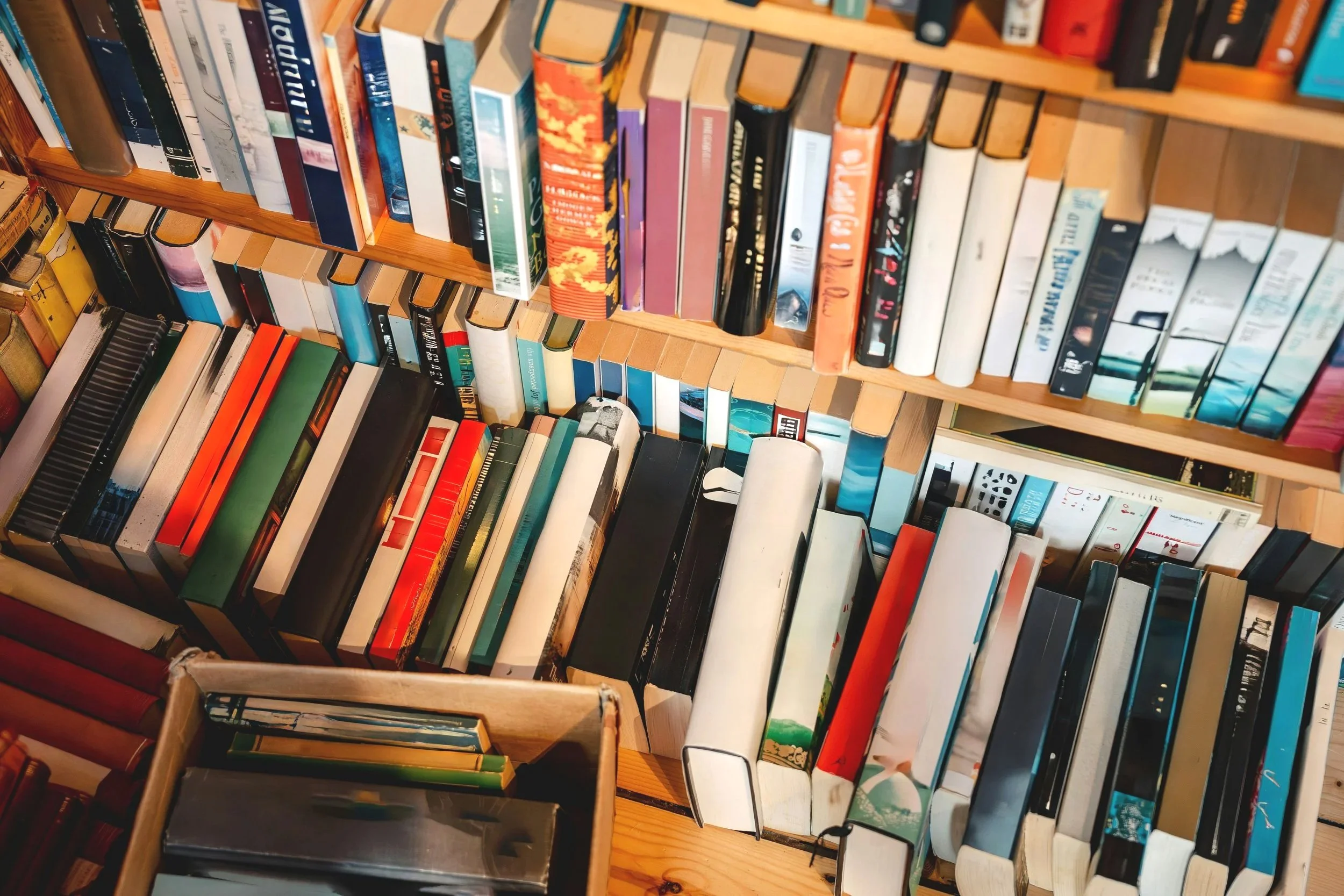 Multiple books stacked on shelves. The books are of various colors and sizes, arranged vertically and horizontally.