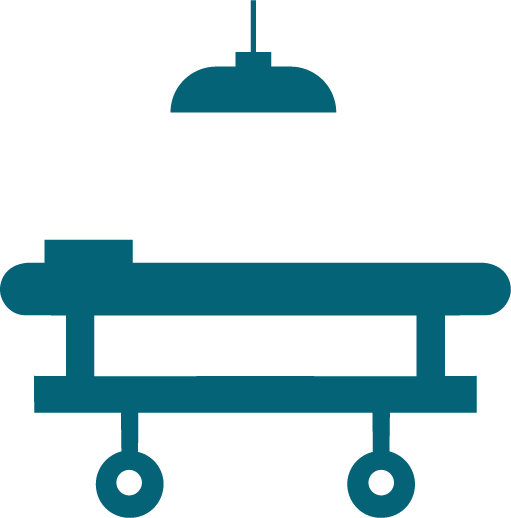 Silhouette of a hospital gurney with an overhead lamp.