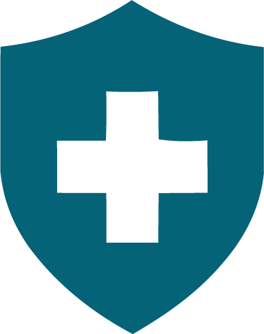 Shield with a blue background and a black medical cross in the center.