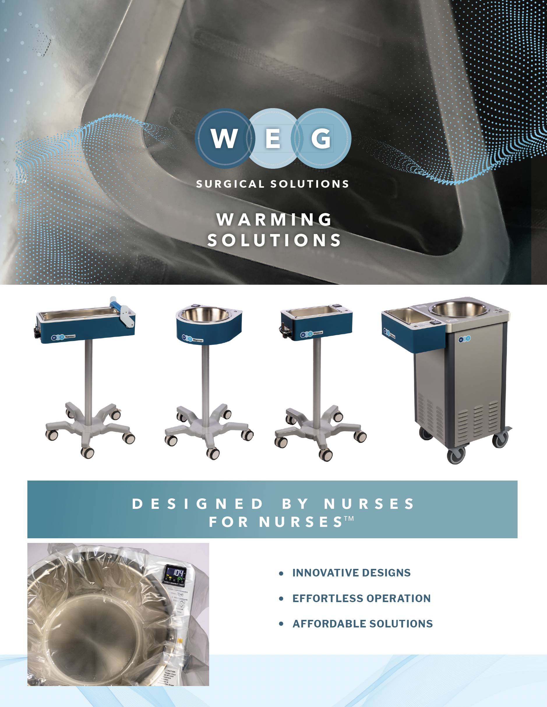 A presentation slide showing medical warming and sterilization equipment, including warming chambers and a sterilizer. The slide features the WEG Surgical Solutions logo, slogan details, and bullet points highlighting their innovative, effortless, and affordable solutions for nurses.