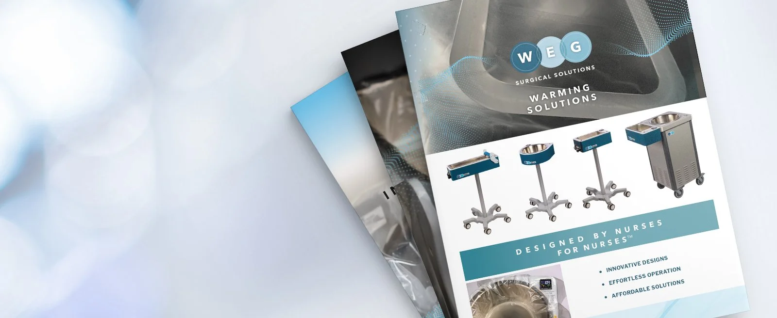 Brochure for WEG surgical warming solutions showing various medical warming devices and a list highlighting innovative designs, effortless operation, and affordable solutions.