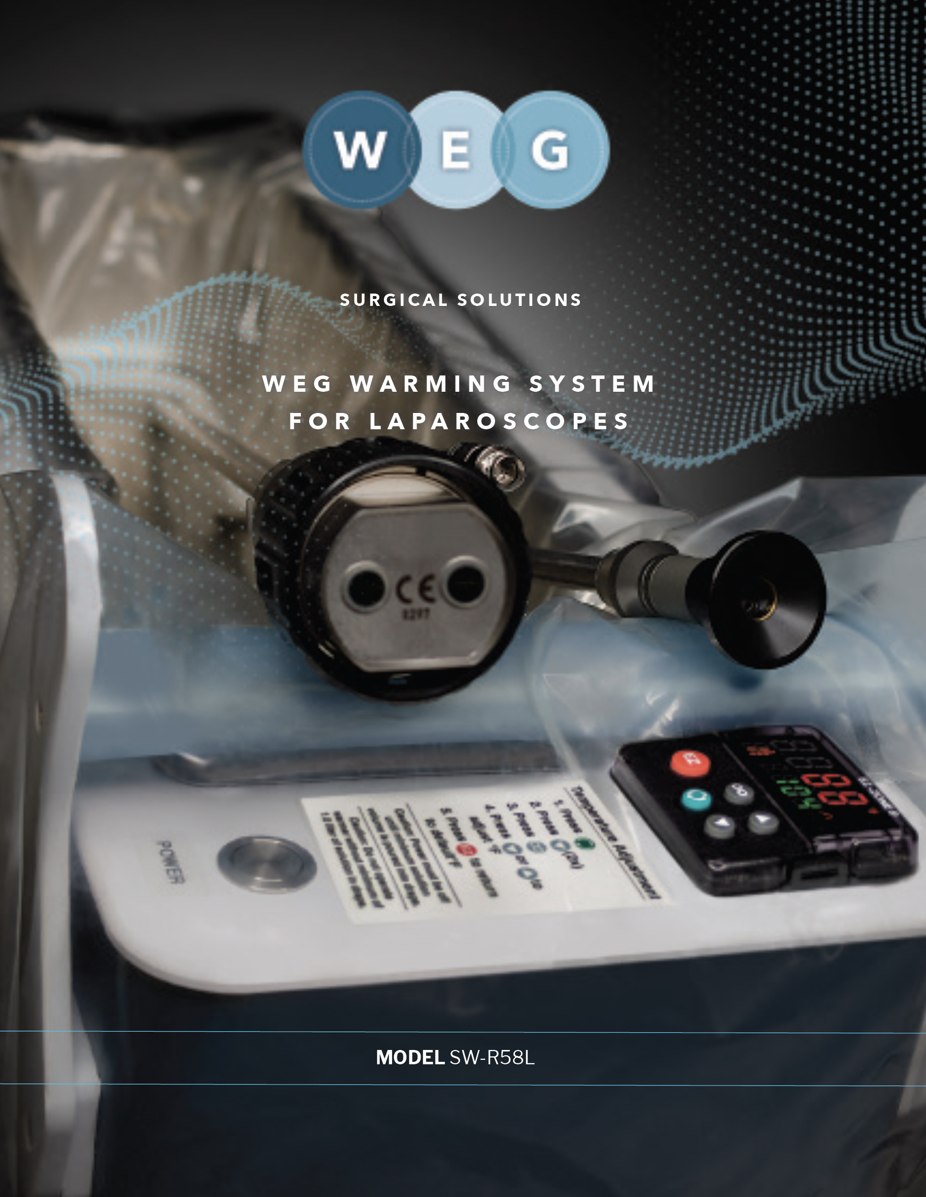 Medical equipment including a WEG warming system device labeled 'MODEL SW-R58L,' a remote control with various buttons, and a pair of surgical gloves, all placed on a metallic surface.