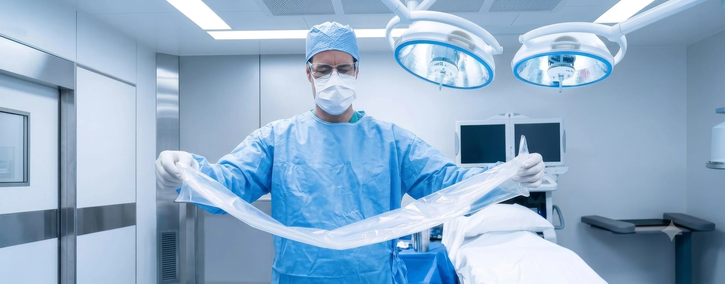 A surgeon in scrubs, mask, and glasses holding a clear plastic sterile drape in an operating room with surgical lights and monitors.