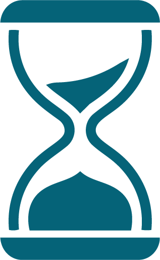 An illustration of an hourglass with black outlines and blue sand inside.