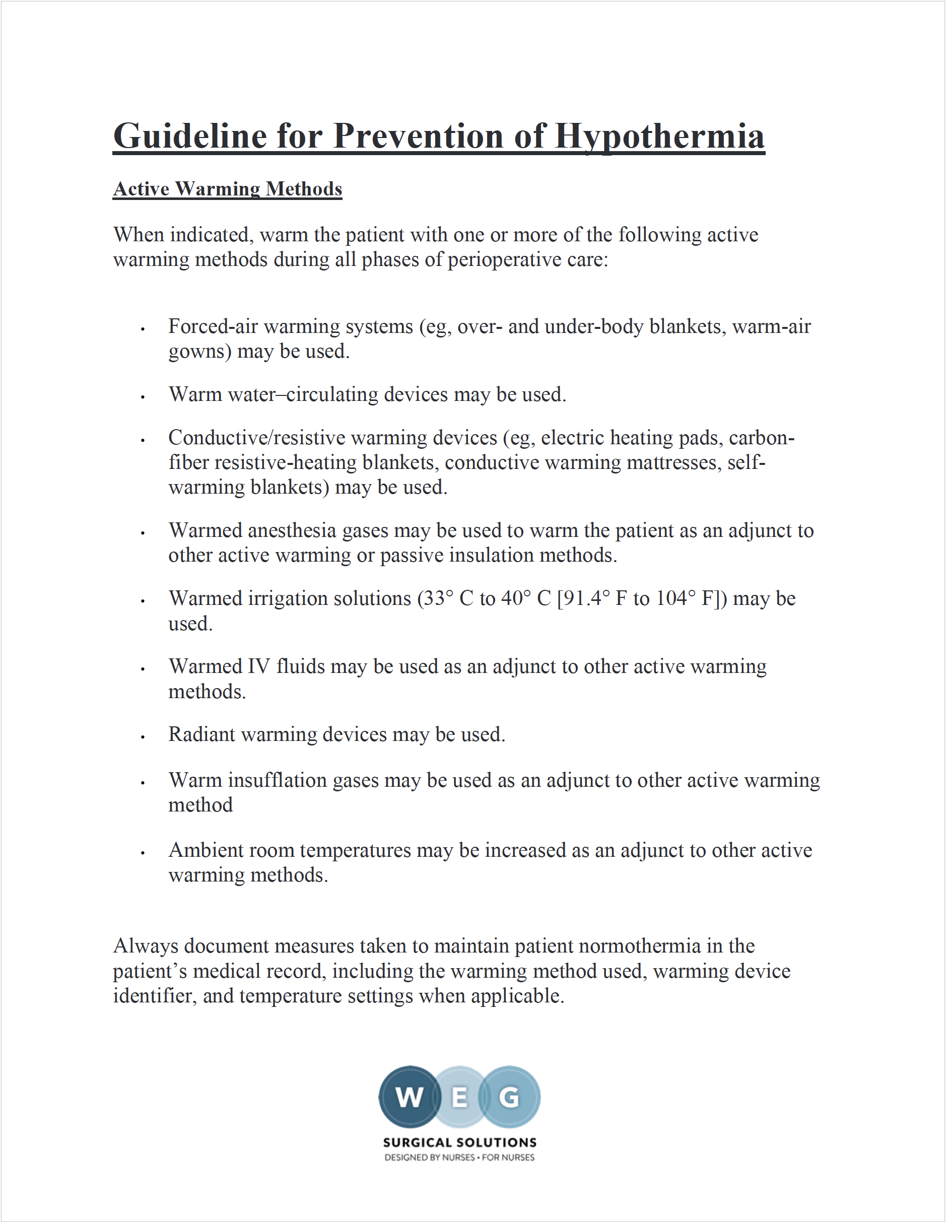 An informational document titled "Guideline for Prevention of Hypothermia" discussing active warming methods for postoperative patient care, including the use of forced-air systems, warm water-circulating devices, conductive warming devices, warmed anesthesia gases, warmed IV fluids, radiant warming devices, and warm insolation gases, along with the importance of documenting temperature measures to maintain normothermia.
