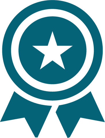 A teal award ribbon with a star inside a circle at the top.